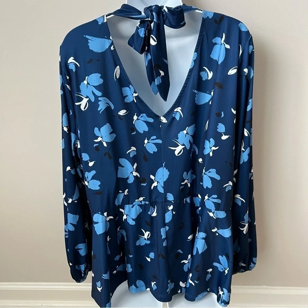 Eloquii Boho Tie Neck L/S Top Keyhole Back Cut Out Stretch Blue Floral 20 - Picture 7 of 10